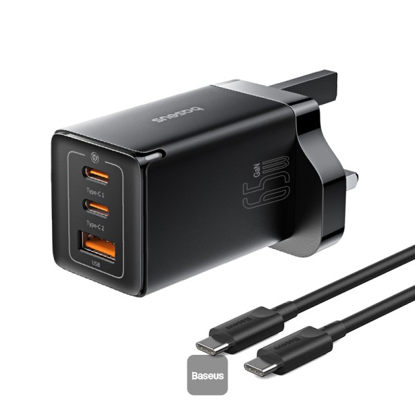 Baseus GaN5 Pro 65W 3 Port Fast Charger | 2 Type-C + USB-A, UK Plug